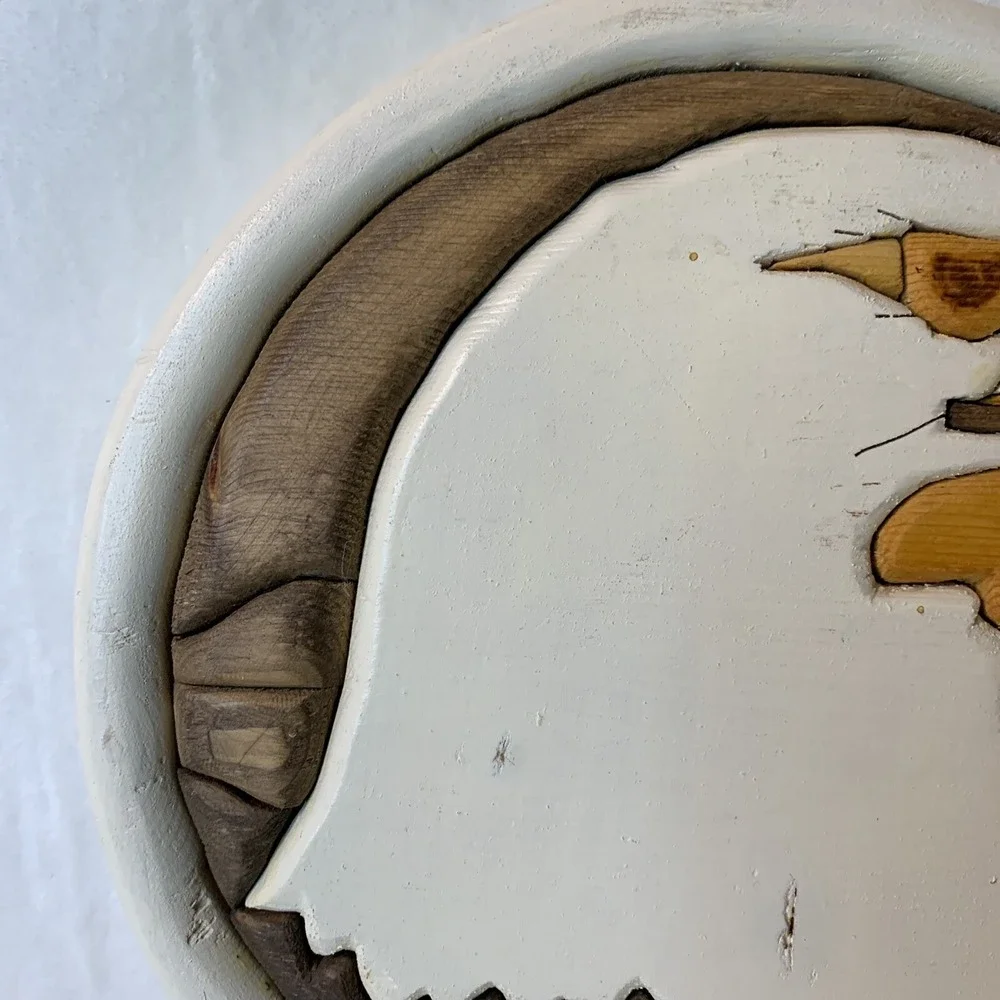 American Bald Eagle Wood Inlay Wall Decor MCM Art Piece Round‎  Handmade Stained